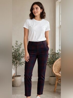 LOFT Navy and Red Plaid Skinny Pants